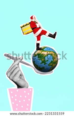 Artwork magazine collage picture of arm eating spoon x-mas santa walking planet delivering food isolated drawing background