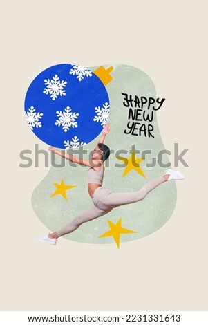 Vertical collage picture of excited mini girl jumping hands hold huge xmas tree ball toy happy new year text isolated on painted background