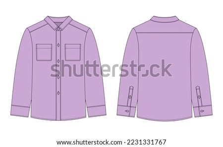 Blank shirt with pockets and buttons technical sketch. Purple color. Unisex casual shirt mock up. Front and back views. Fashion vector CAD design illustration