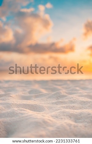 Ocean beach sand closeup at sunset sunrise landscape outdoor. Beautiful colorful sky with clouds natural island sea with copy space, sun rays seascape, dream nature. Inspirational shore, coast Royalty-Free Stock Photo #2231333761