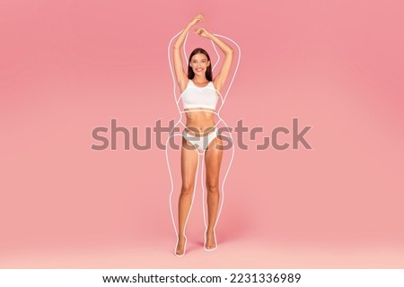 Happy Beautiful Female In Underwear With Drawn Oversize Silhouette Around Her Body Standing Over Pink Background, Smiling Slim Woman Demonstrating Result Of Successful Weigth Loss, Collage