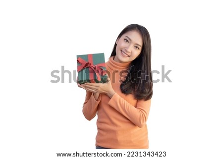 Isolated Asian Woman Holding Christmas Gift Box