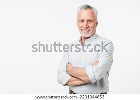 Confident caucasian middle-aged senior businessman freelancer ceo grandfather teacher professor boss in formal attire with arms crossed isolated in white background Royalty-Free Stock Photo #2231344853