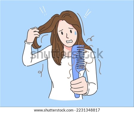 Woman holding comb with serious hair loss problem for health care shampoo and beauty product concep, vector illustration Royalty-Free Stock Photo #2231348817