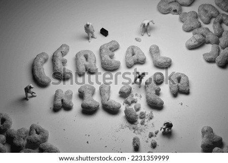 Destroyed breakfast cereal being investigated by miniature crime scene people.
