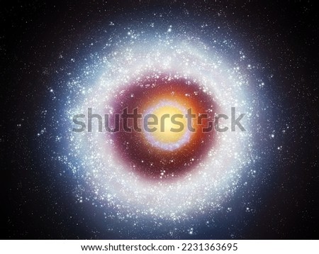 Elliptical galaxy in bright color. Spectacular alien galaxy with star clusters and stardust. Sci-Fi background.