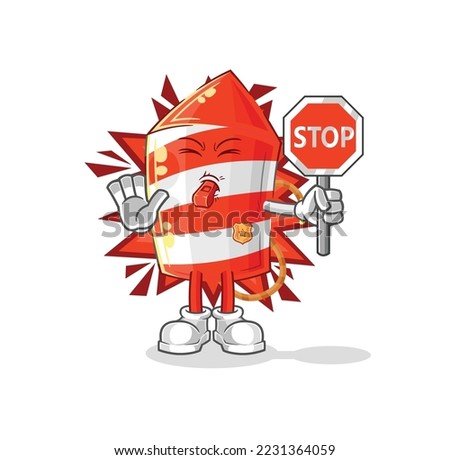 the fireworks rocket holding stop sign. cartoon mascot vector