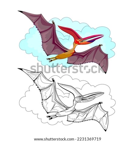 Colorful and black and white page for coloring book. Illustration of flying pterodactyl. Printable worksheet for children exercise book. Online education. Clip-art cartoon vector. Animals for kids.
