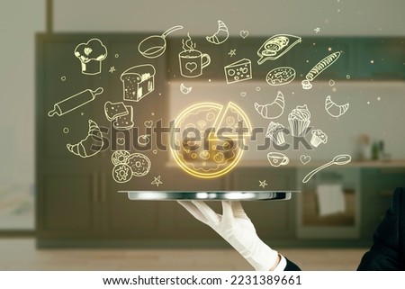 Hand holding tray with creative glowing digital food sketch on blurry kitchen backgroound. Online food delivery concept