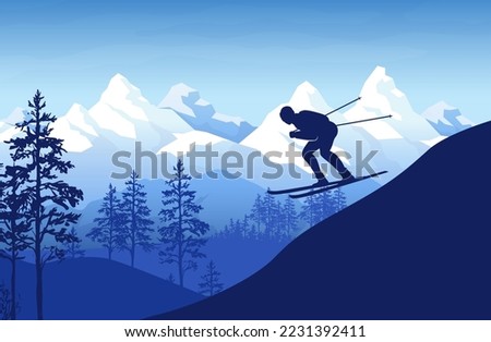 Alpine mountain ski downhill. Skier on slope of snowy rock. Jump competition in ice Alps. Mountainside skiing. Nature landscape. Silhouette pines and peaks. Vector illustration concept Royalty-Free Stock Photo #2231392411