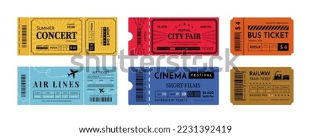Vintage train voucher, retro ticket in cinema and theatre. Bus trip stamp or paper plane, invite for concert or city fair, museum entry pass. Coupon design template. Vector design set