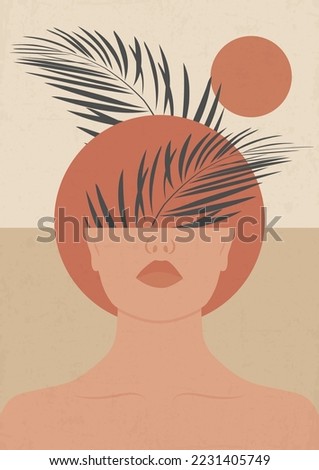 White woman and tropical leaves - Beautiful female portrait, face and shoulders.