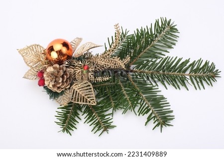 Green spruce branch, cone,  christmas ball on light background.