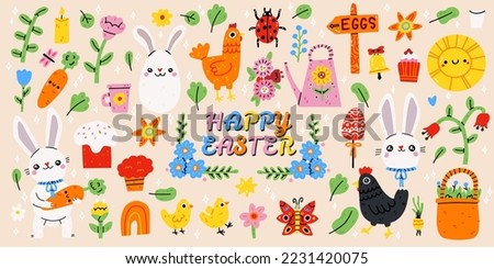 Cute bunny clip art - set of cartoon rabbits and spring design elements. Bunnies, birds, flowers. Easter elements isolated on white background. Vector illustration. Adorable holiday icons collection