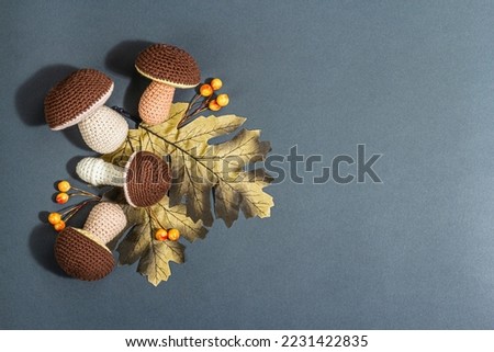 Traditional autumn background. Assorted of knitted mushrooms, handmade concept. Trendy hard light, dark shadow, flat lay, matte grey background, top view