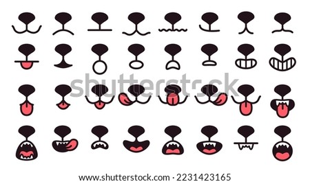 Dogs mouth. Painted dog face with delicious lick tongue and nose for vet emblem, care canine pet adorable puppy emotion, closed open mouth baby animal ingenious vector illustration of dog mouth