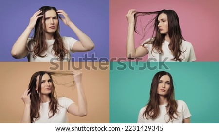 Set of 4 photos demonstrating a portrait of an attractive young woman, upset about her dirty, oily and greasy hair, on trendy colorful backgrounds. Need a shampoo concept. Young generation style. Royalty-Free Stock Photo #2231429345