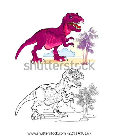 Colorful and black and white page for coloring book. Illustration of tyrannosaurus. Printable worksheet for children exercise book. Online education. Clip-art cartoon vector. Animals for kids.