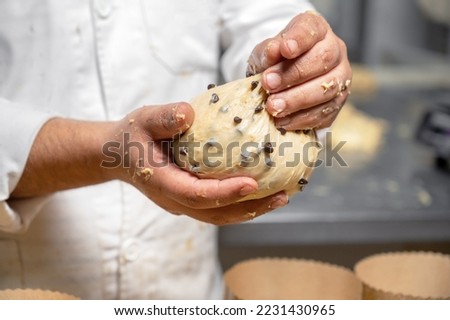 Artisan italian baker putting panettone christmas cake dough into molds. High quality photography