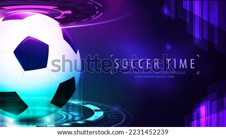 Football ball inside blue and pink digital hologram in dark scene. Digital purple sport background with soccer ball