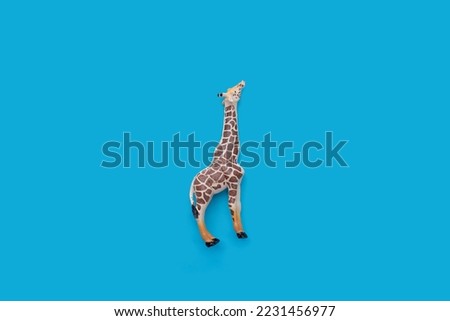 Plastic giraffe toy on blue background.