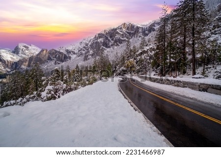 Road trip with snow in California's Yosemite National Park, California, USA.