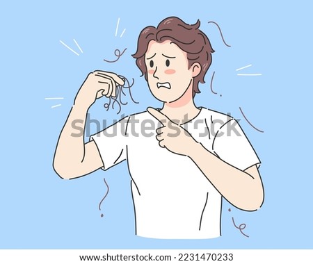 Man hand holding hair with serious hair loss and thin hair problem for health care shampoo and beauty product concept, vector illustration Royalty-Free Stock Photo #2231470233