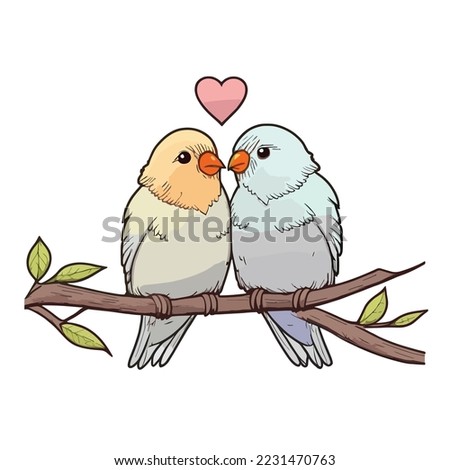 Illustration of Love Birds perched on a branch of a Tree with Heart Shape