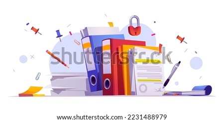 Office stationery and documents on desk, papers, files, folders, pen or pencil with notepad and pins, clips and sticky notes. Paperwork items on table, secretary workplace, Cartoon vector illustration
