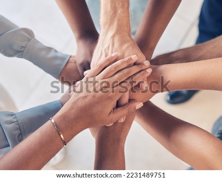 Teamwork, hands together and team building of business people with support, collaboration or startup mission for company background. Hand stack sign, community and solidarity group in diversity above Royalty-Free Stock Photo #2231489751