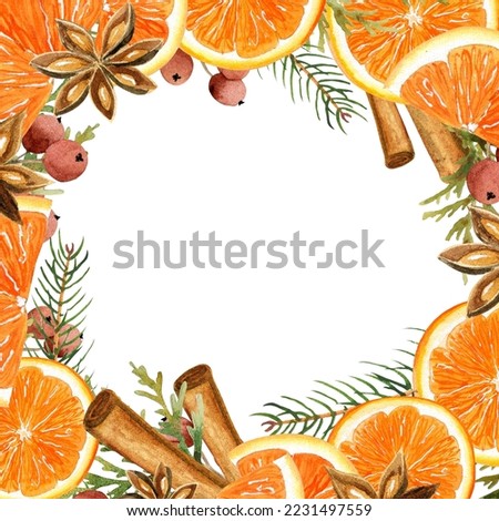 Decorative citrus square frame with watercolor branches of fir, spruce and spicy isolated on white background. Winter mulled wine elements. Cinnamon rolls and star anise. Christmas time template