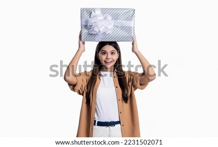 teen girl with big birthday gift box. photo of teen girl hold birthday gift.