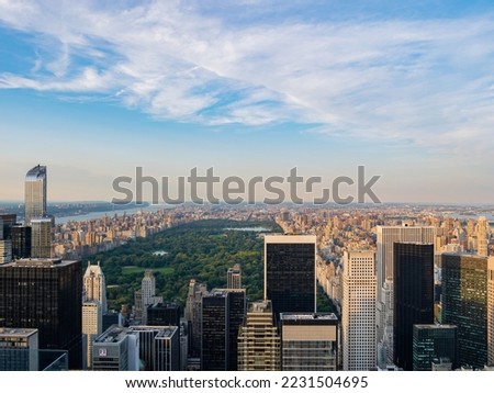 Sunset aerial view of New York City cityscape at New York