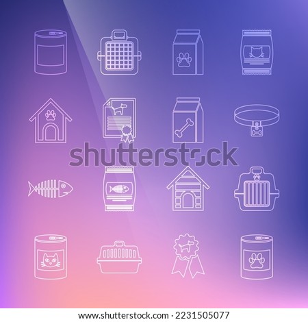 Set line Canned food, Pet carry case, Dog collar, Bag of for pet, Certificate dog cat, house and paw print,  and  icon. Vector