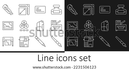 Set line Paint brush, Copy machine, Business card, RGB color mixing, Picture landscape, Stationery knife, Printer ink bottle and Paper size icon. Vector