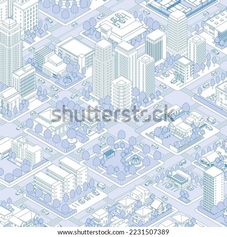 Three-dimensional view of the townscape. Cityscape. Line drawing illustration. Royalty-Free Stock Photo #2231507389