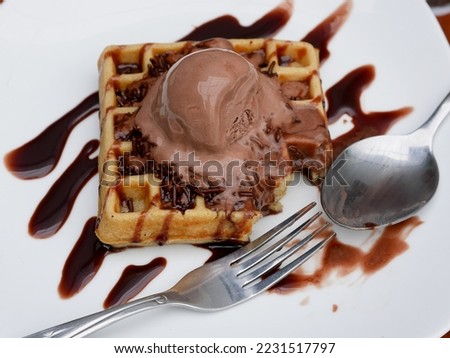 Chocolate waffle already sliced with ice cream topping on a plate