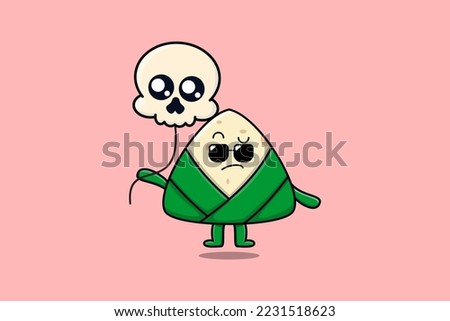 Cute cartoon Chinese rice dumpling floating with skull balloon flat cartoon vector icon illustration