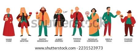 Great scientists color set with flat characters of marie curie albert einstein nikola tesla nicholas copernicus and others isolated vector illustration Royalty-Free Stock Photo #2231523973