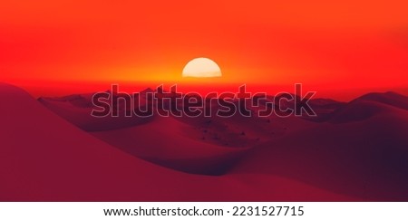Sand dunes in the Sahara Desert at amazing sunrise, Merzouga, Morocco - Orange dunes in the desert of Morocco - Sahara desert, Morocco Royalty-Free Stock Photo #2231527715