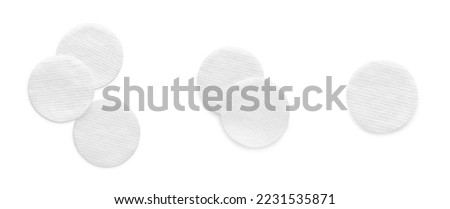 Set with soft clean cotton pads on white background, top view. Banner design Royalty-Free Stock Photo #2231535871