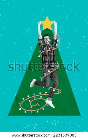 Creative abstract template graphics collage image of funky excited guy decorating big star x-mas fir pine isolated drawing background
