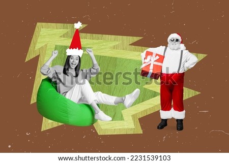 Photo collage artwork minimal picture of lucky funky santa assistant exciting getting x-mas gift isolated drawing background