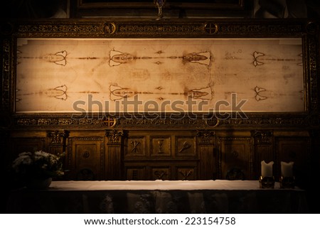 Detail of a copy of the Holy Shroud of Turin, Italy Royalty-Free Stock Photo #223154758