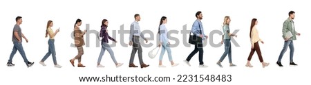 Collage with photos of people wearing stylish outfit walking on white background. Banner design Royalty-Free Stock Photo #2231548483