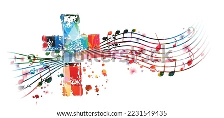 Colorful vibrant Christian cross with musical notes stave isolated. Vector illustration. Religion themed design for Christianity, church service, communion and celebrations. Church choir background	 Royalty-Free Stock Photo #2231549435