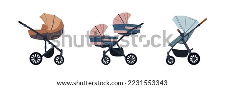 Set of different baby strollers. Modern baby carriages for twins and newborns. Hand drawn vector illustration isolated on white background, flat cartoon style.