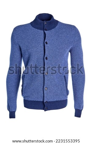 Light blue knitted wool cardigan with buttons, blue cuffs and a stand-up collar, isolated on a white background on a transparent mannequin. Front view. Royalty-Free Stock Photo #2231553395