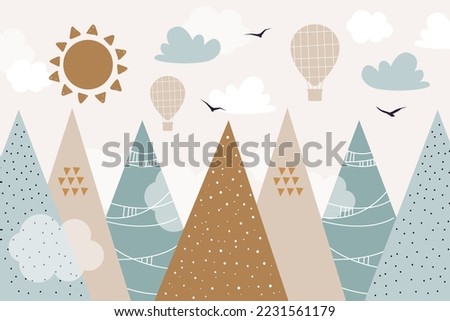 Vector hand drawn modern design of kids mountains. Mountains in doodle style. For children's wallpapers. Mountains, clouds, air balloon, sun and birds.