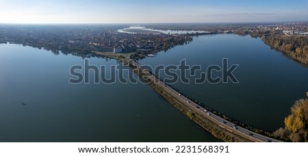 Panoramic aerial view at the City of Mantova (Mantua) with Lake (Lago di Mezzo) - Italy